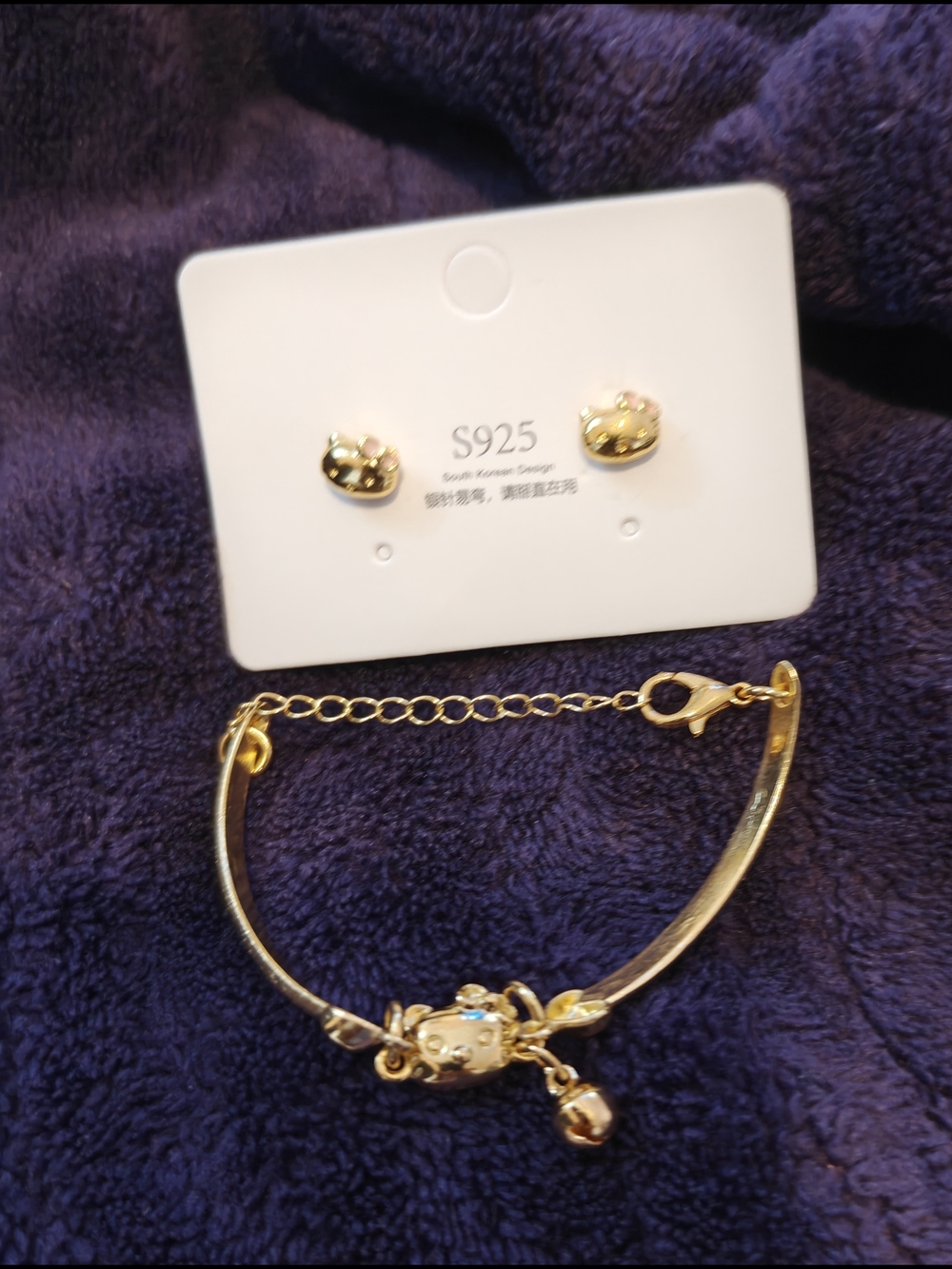 Gold S925 Hello Kitty Charm Bracelet and Stud Earrings Set For Girls